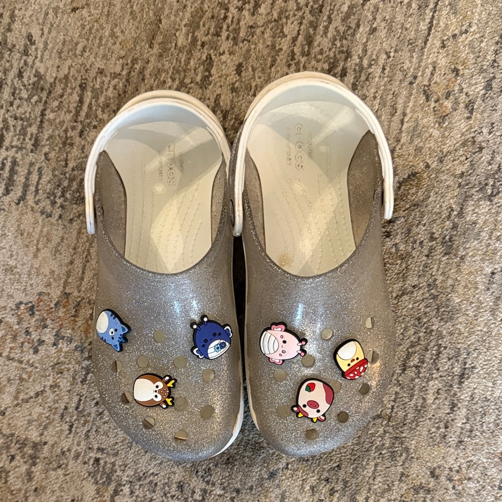 CROCS Kids Glittery Gray Clogs with Fun Charms